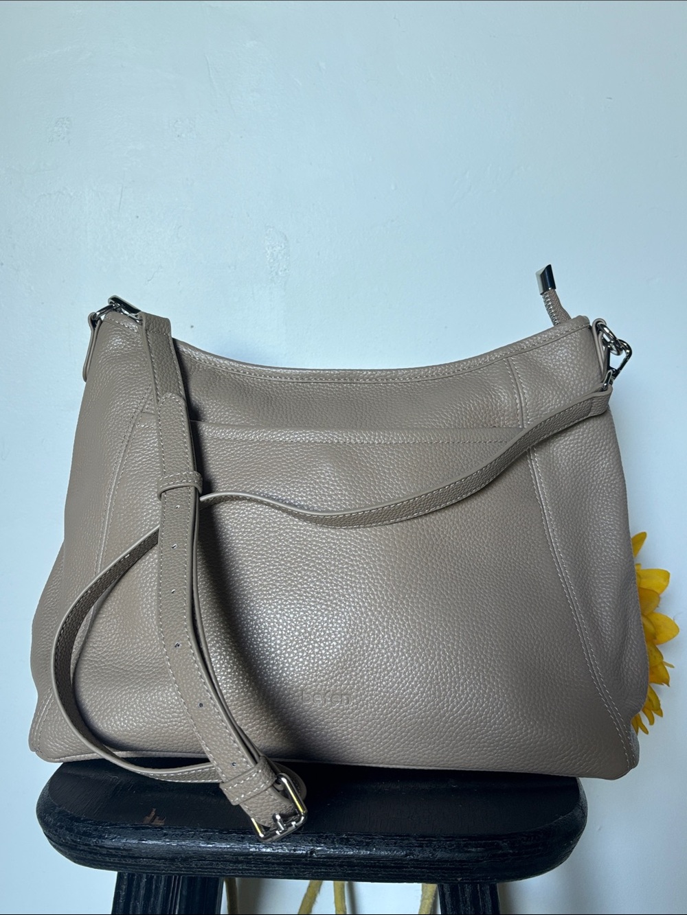 befen Pebble-Grain Taupe Leather Satchel with Adjustable Crossbody Strap